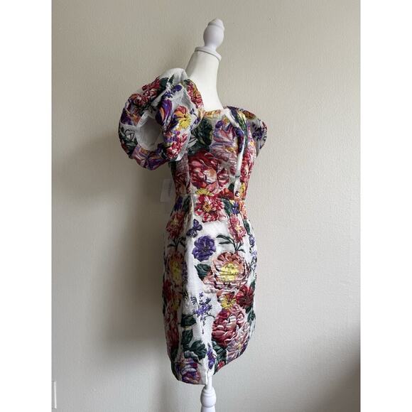Marchesa Notte Floral Puff Sleeve Fil Coupé Cocktail Dress Size 2 - Picture 4 of 15